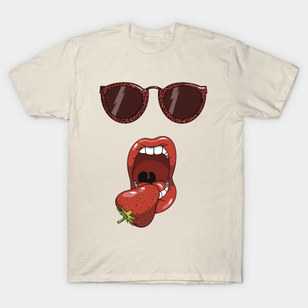 Mouth about to eat a delicious red strawberry while wearing matching red leopard print sun glasses. T-Shirt by Fruit Tee